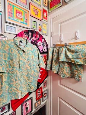 Teal 80s Inspired Abstract Print Button-Up Top, Tube Top, and Shorts Set